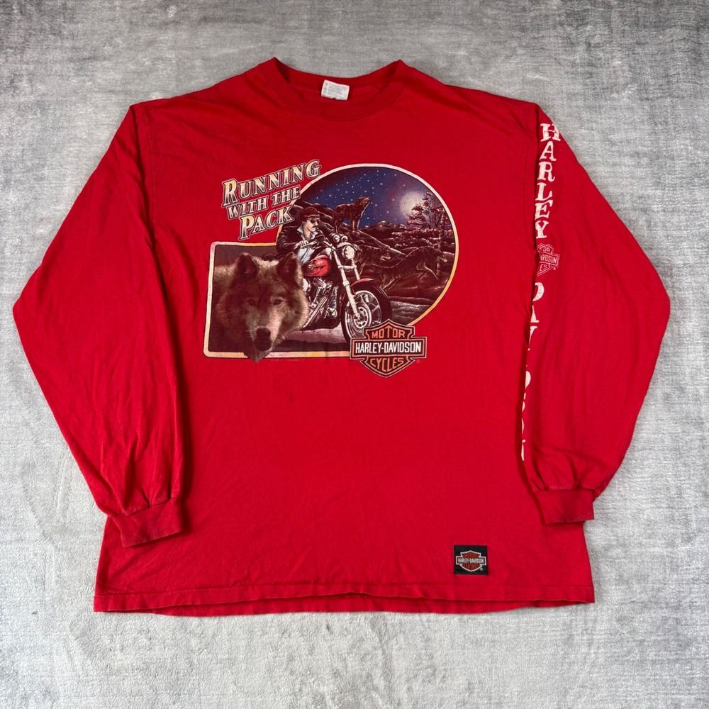 VTG Harley Davidson Shirt Men XL Red Long Sleeve 1991 Wolf Running with the Pack